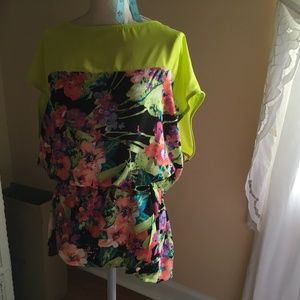 Flower pattern poly blouse , lime trimmed . Elastic waist